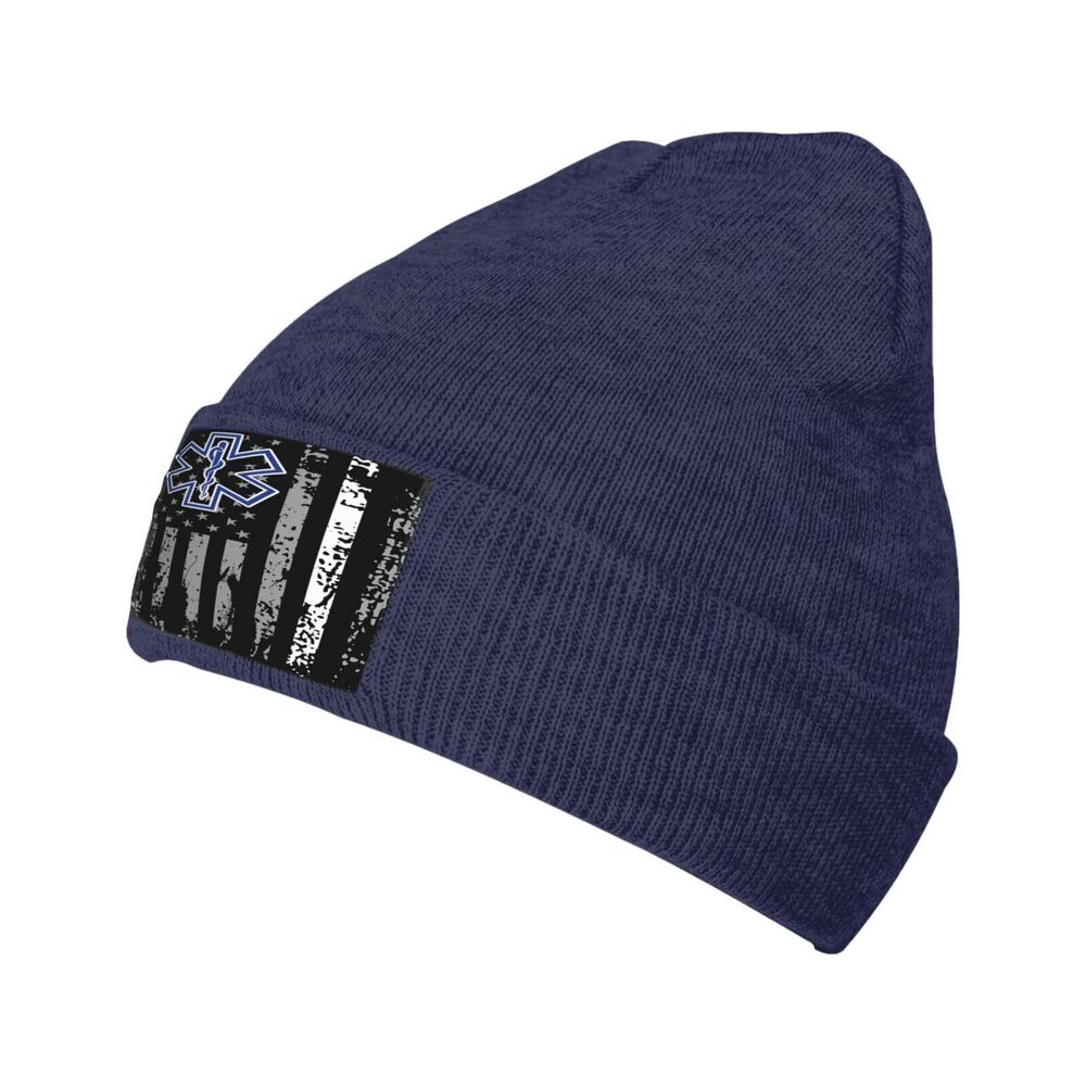 6067 Thin White Line EMS Paramedic American Flag Stretchy Knit Beanie Hat - Picture 1 of 7